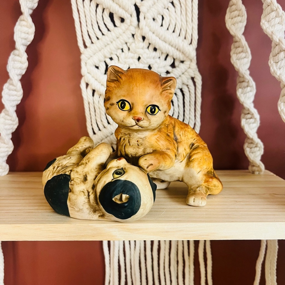 Vintage‎ UCTCI Japan Cat Figurine Two Kittens Playing Ceramic Brown Tones Signed